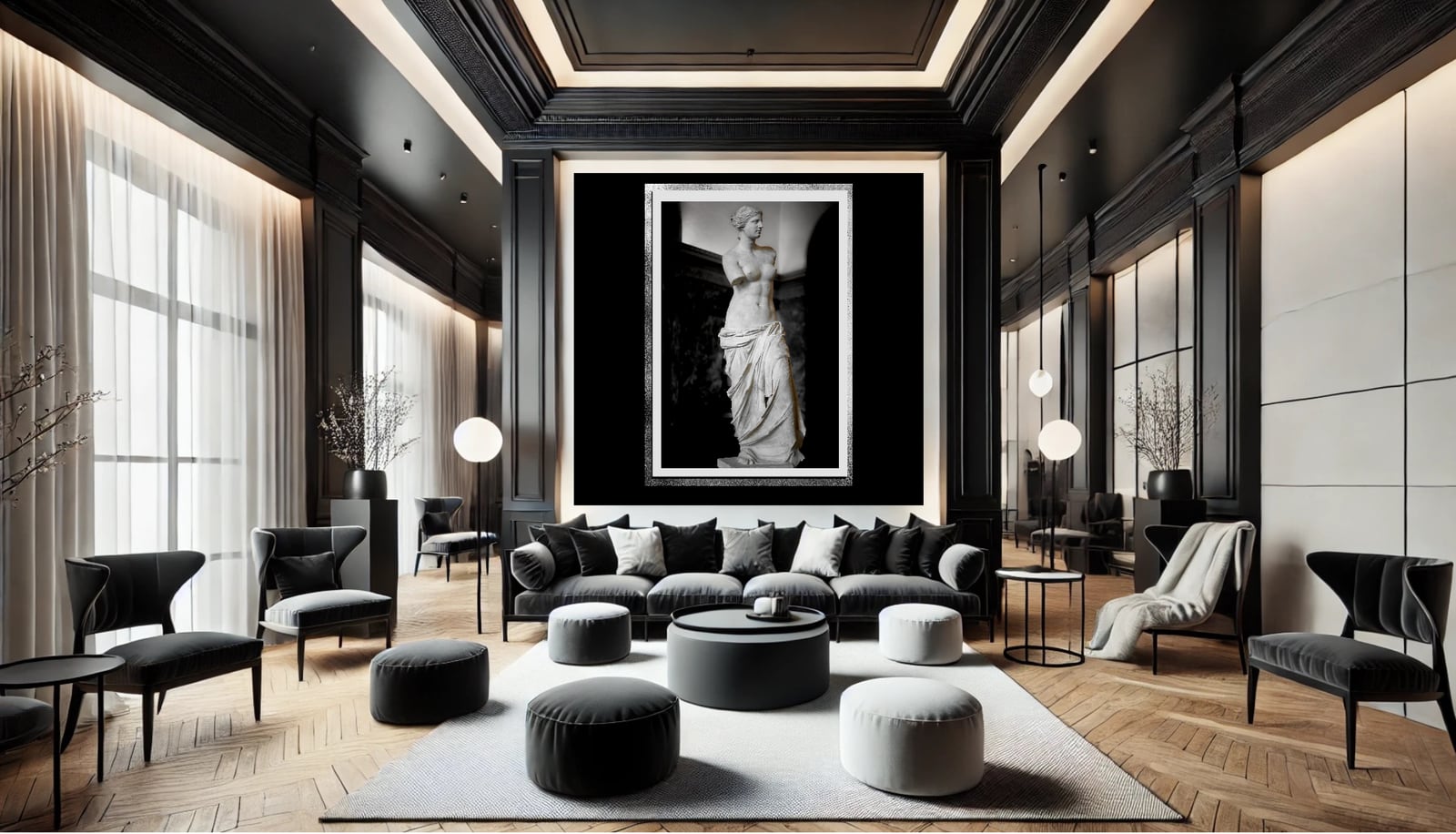 A framed classical sculpture photograph centred on the wall of a black and white lounge