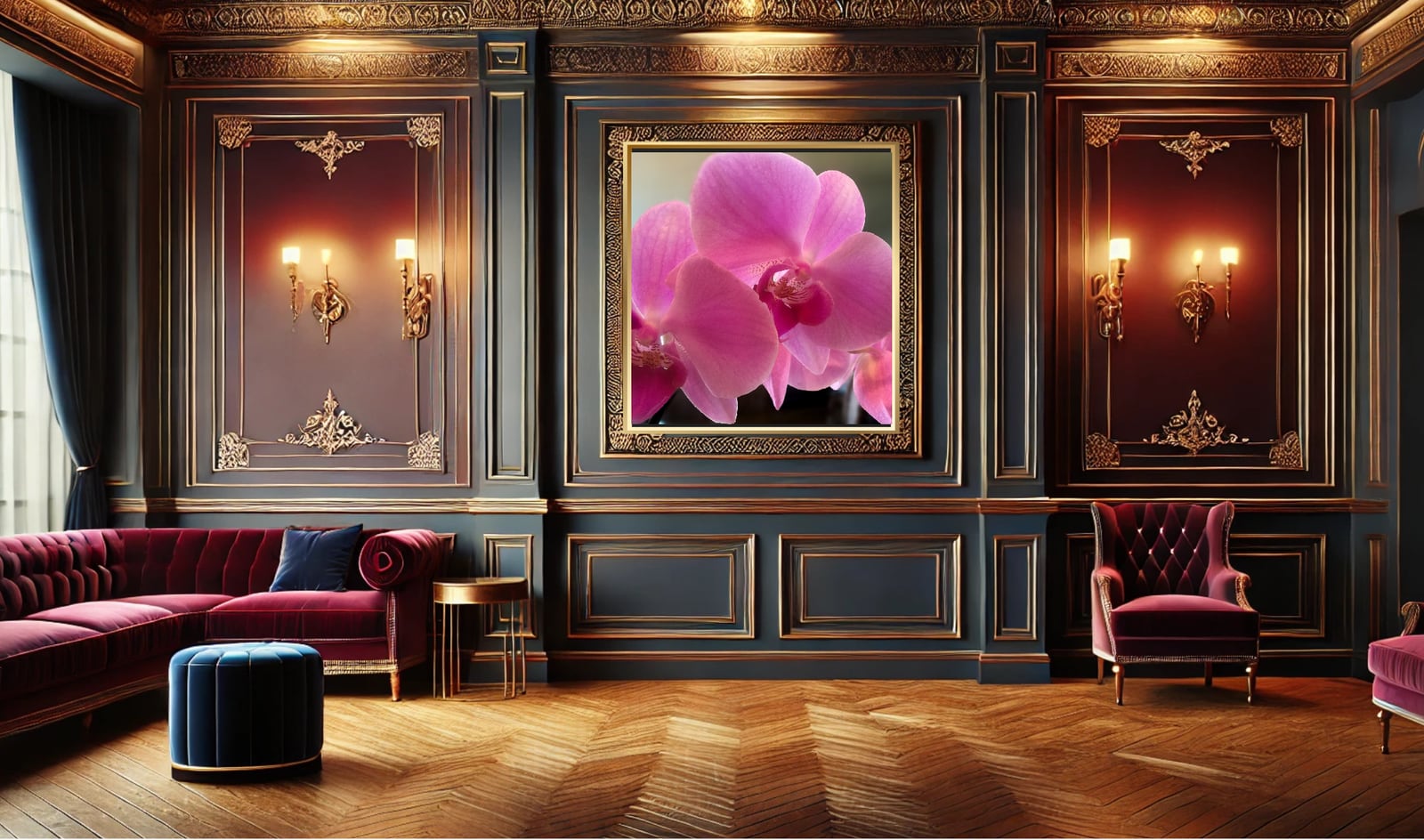 A framed pink orchid between wall sconces in a dark panelled salon