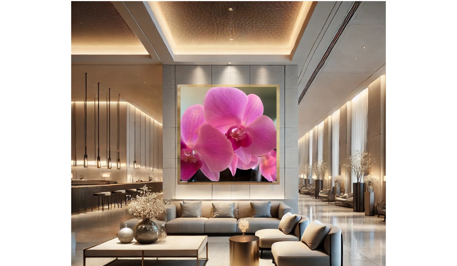A large pink orchid print hung above a long sofa in a pale modern lounge