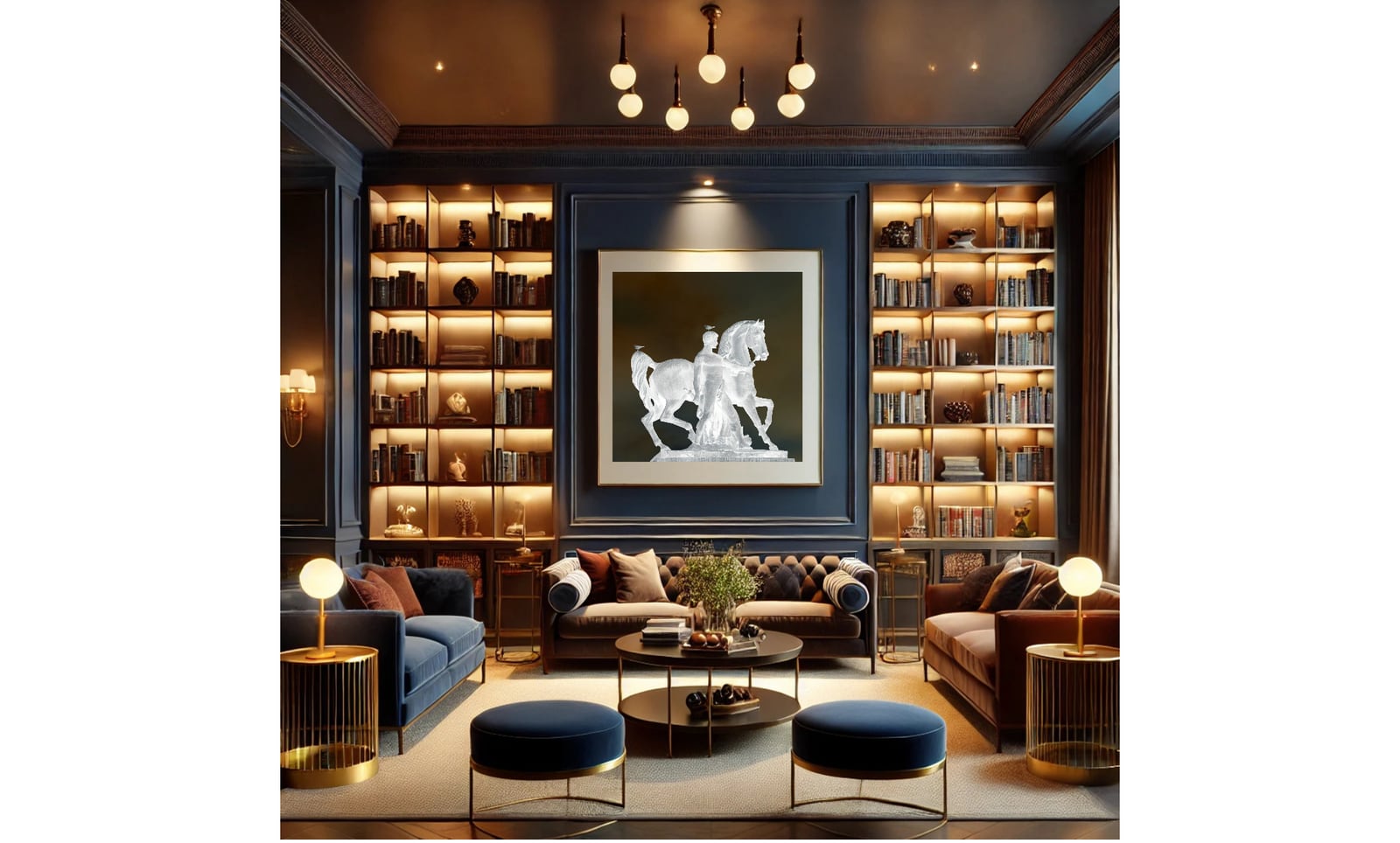 A framed white horse study between lit bookshelves in a navy library room