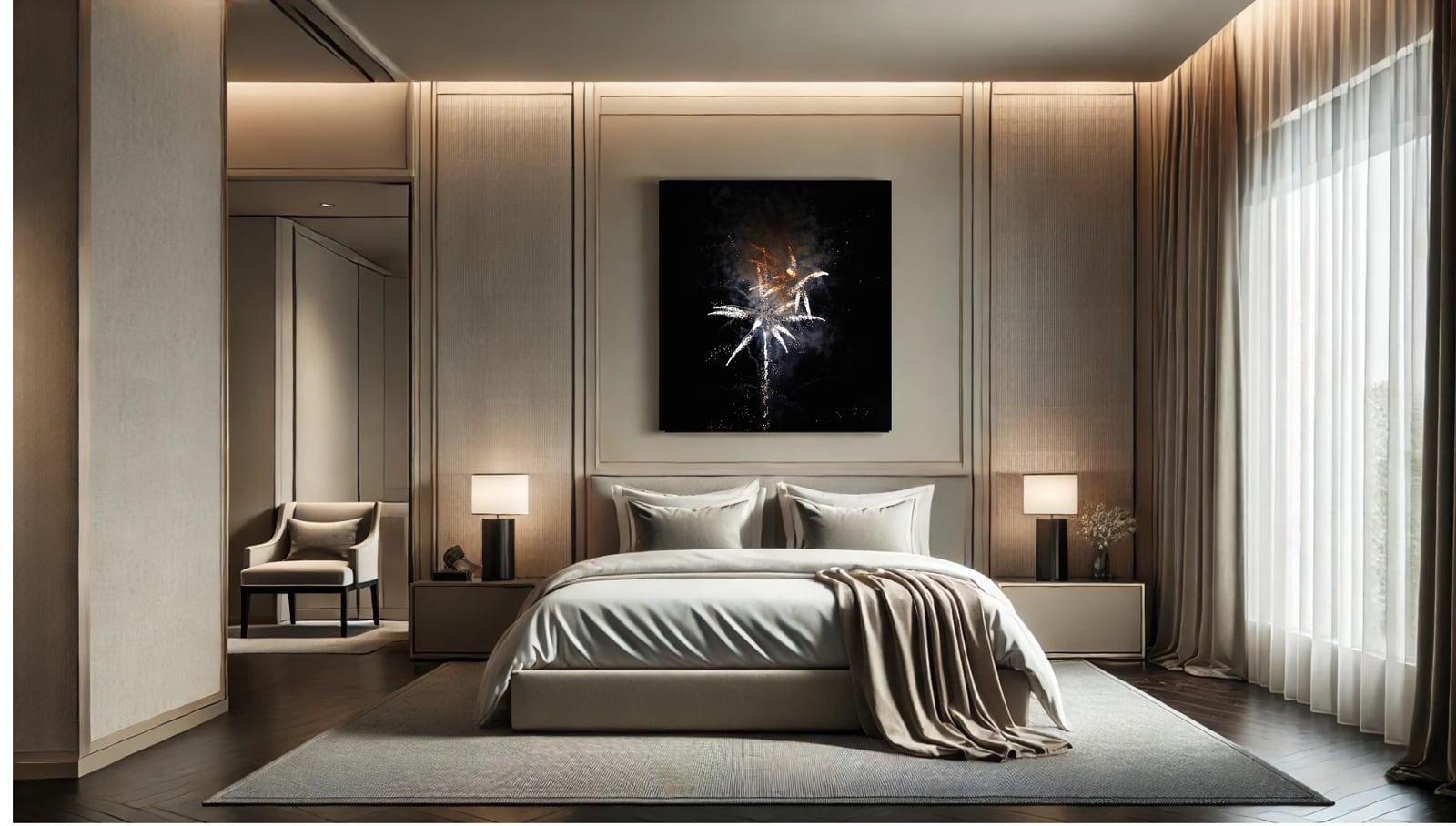 A framed dark floral photograph above the bed in a calm neutral bedroom