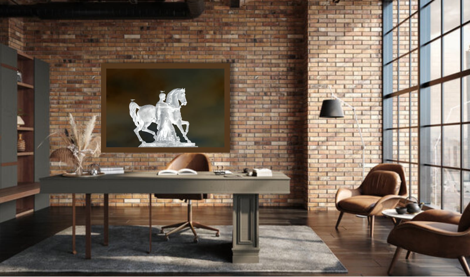 A framed white horse study above a desk in a brick-walled loft office