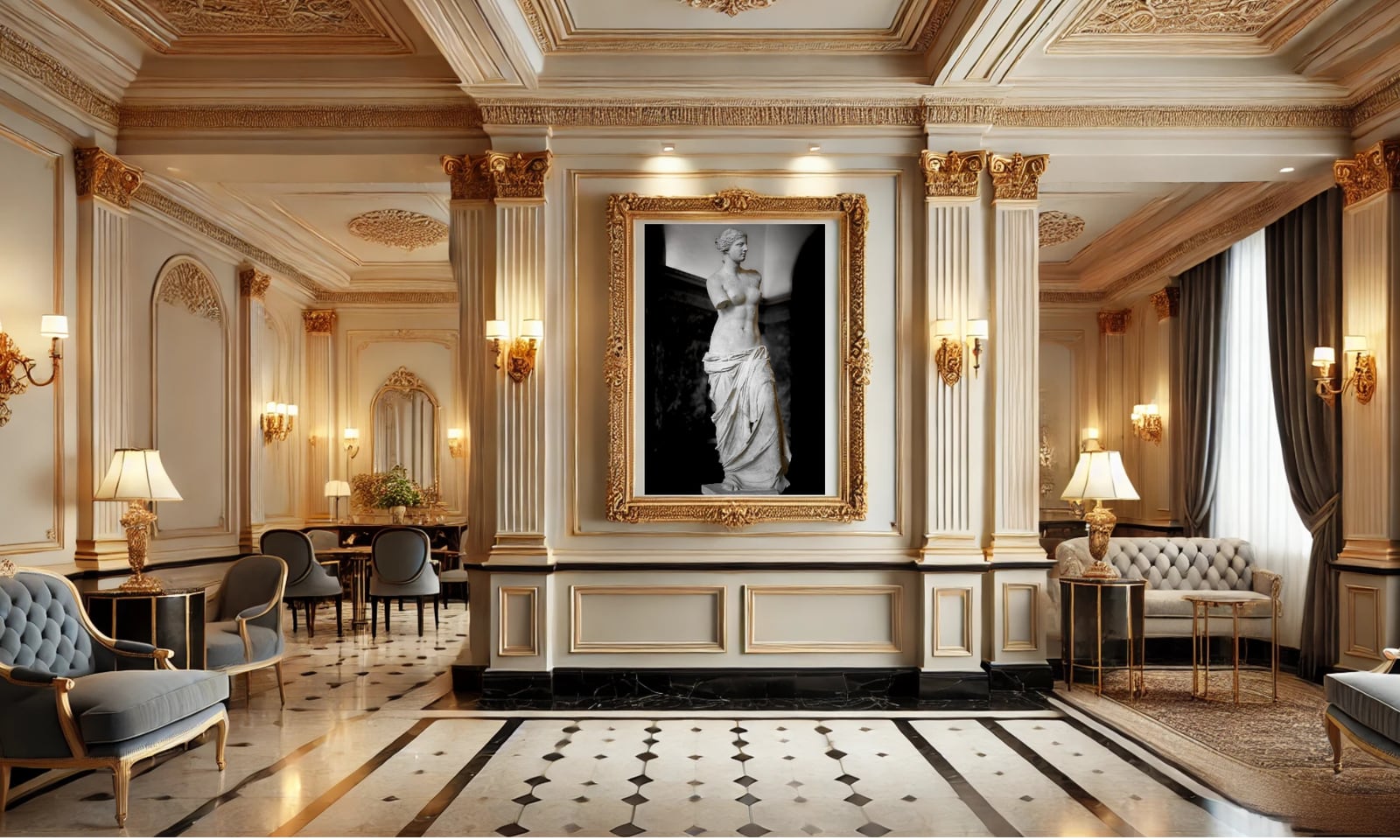 A framed sculpture photograph above a fireplace in an ornate gilded salon
