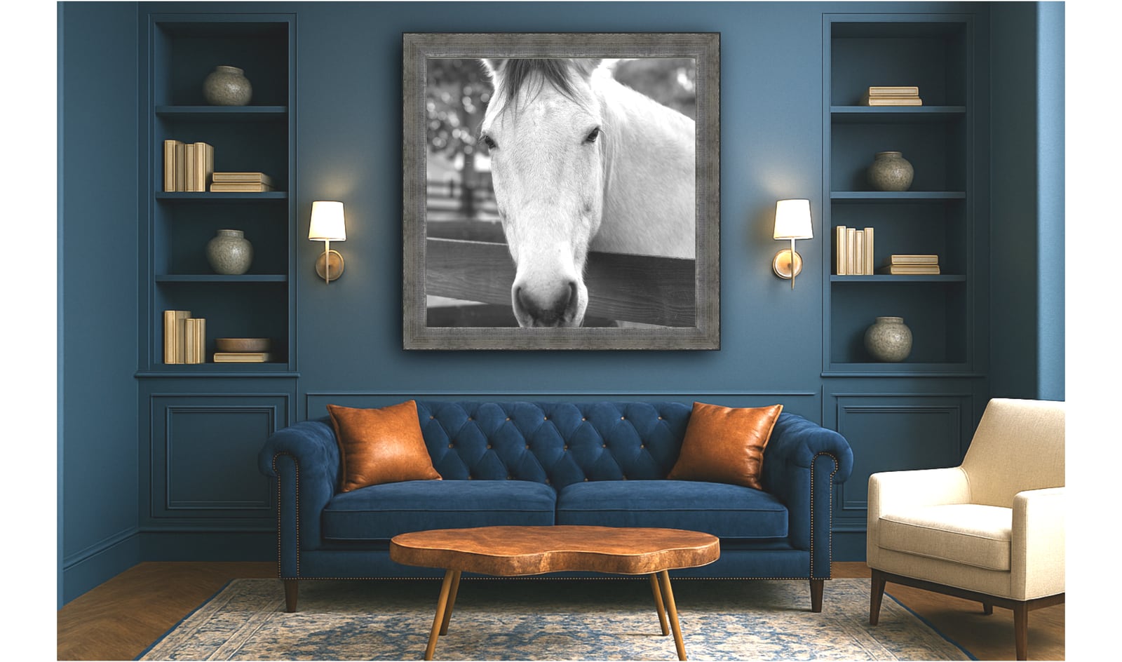 A framed horse portrait above a blue sofa between lit shelves