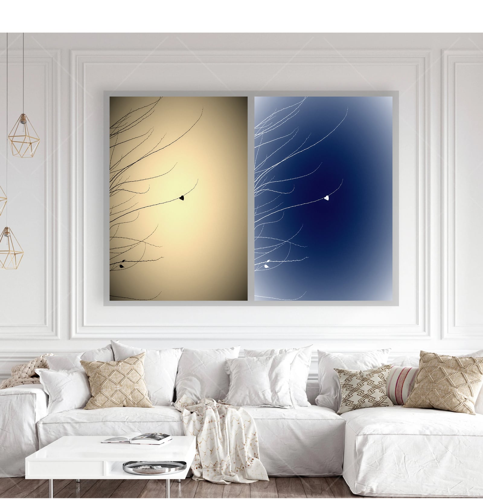 A framed abstract gold and blue photograph above a white sectional sofa